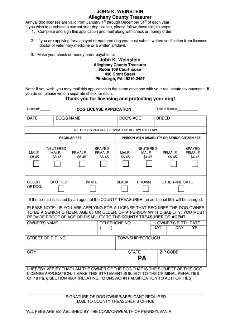 PA Dog License Application Fill And Sign Printable Template Online