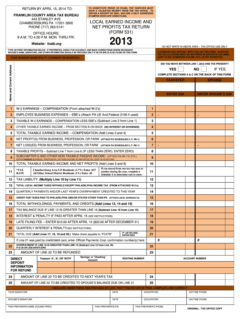 PA FCATB 531 Franklin County 2013 Fill Out Tax Template Online US 