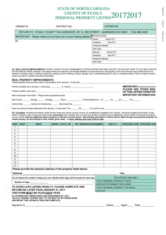 Personal Property Listing Form 2017 Printable Pdf Download