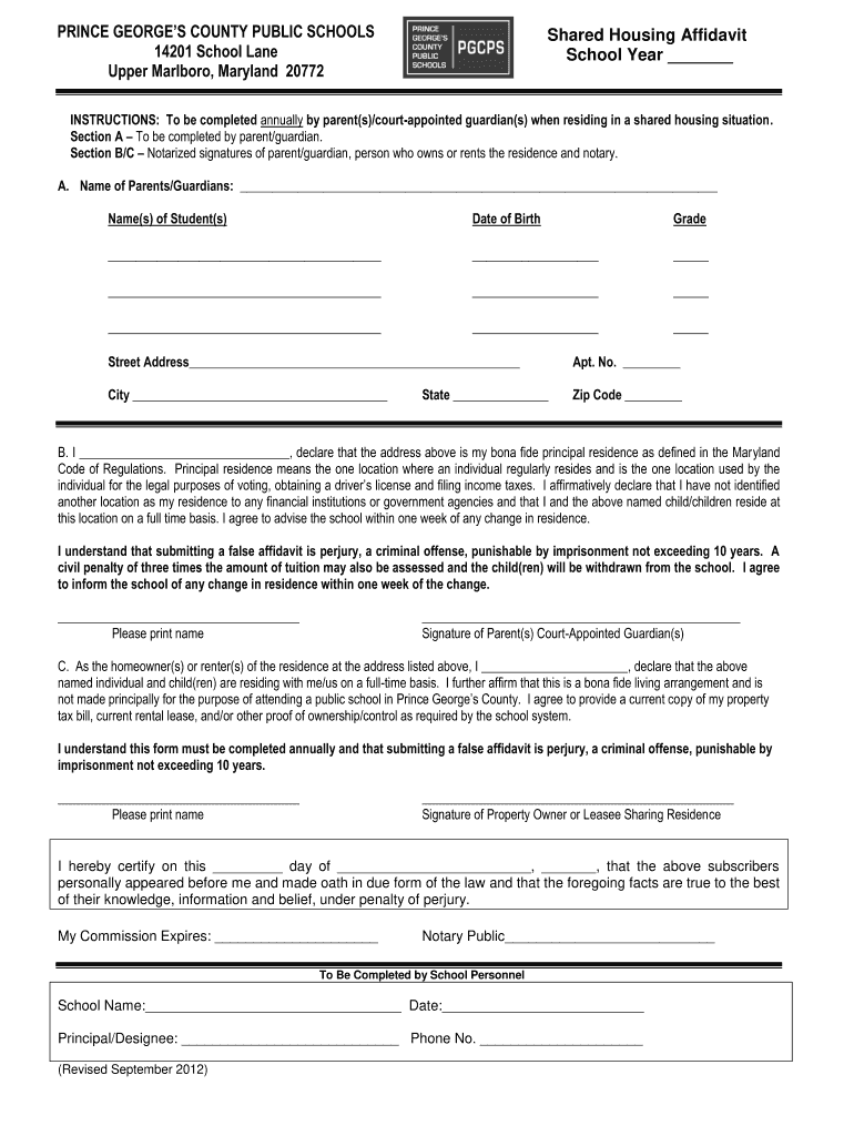 Pgcps Shared Housing Form Fill Online Printable Fillable Blank 