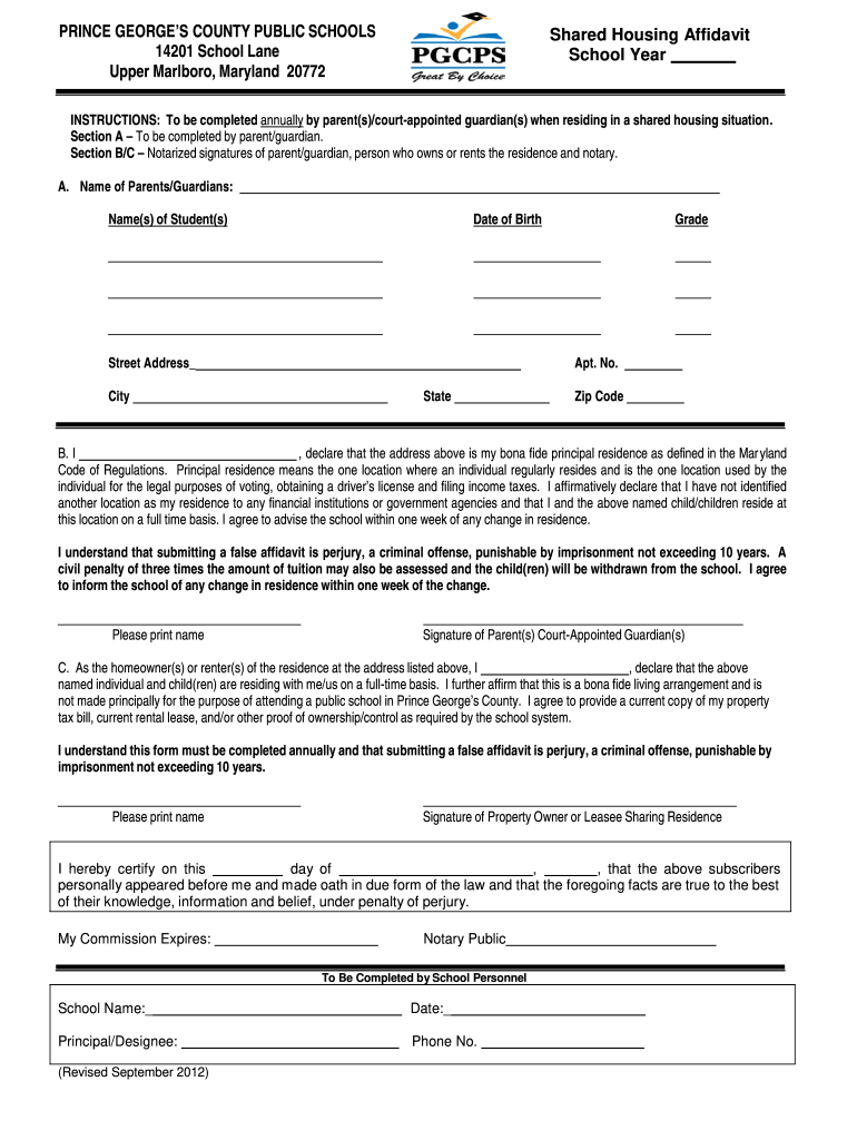 Pgcps Shared Housing Form Fill Online Printable Fillable Blank