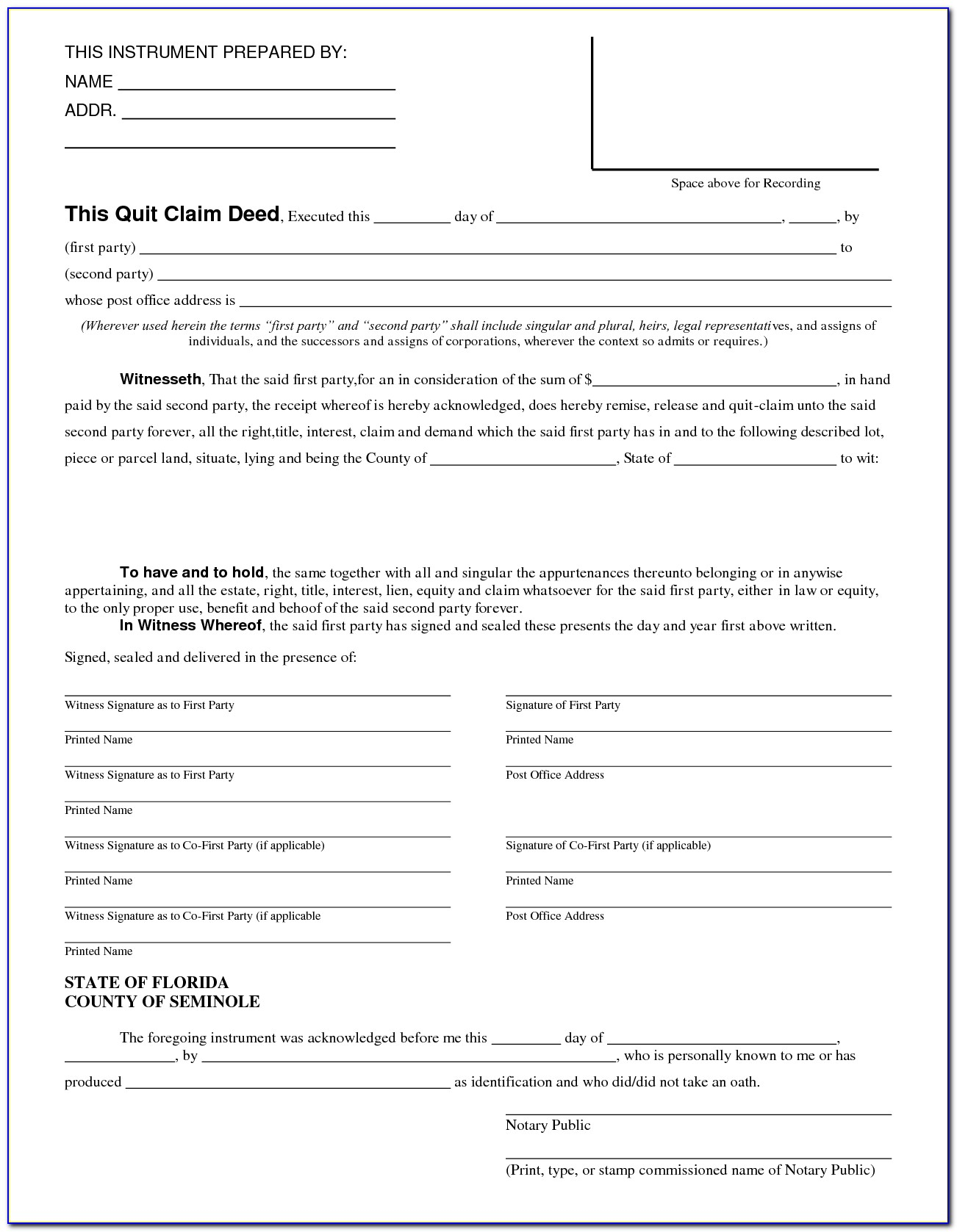 Quit Claim Deed Form Pasco County Florida Form Resume Examples 