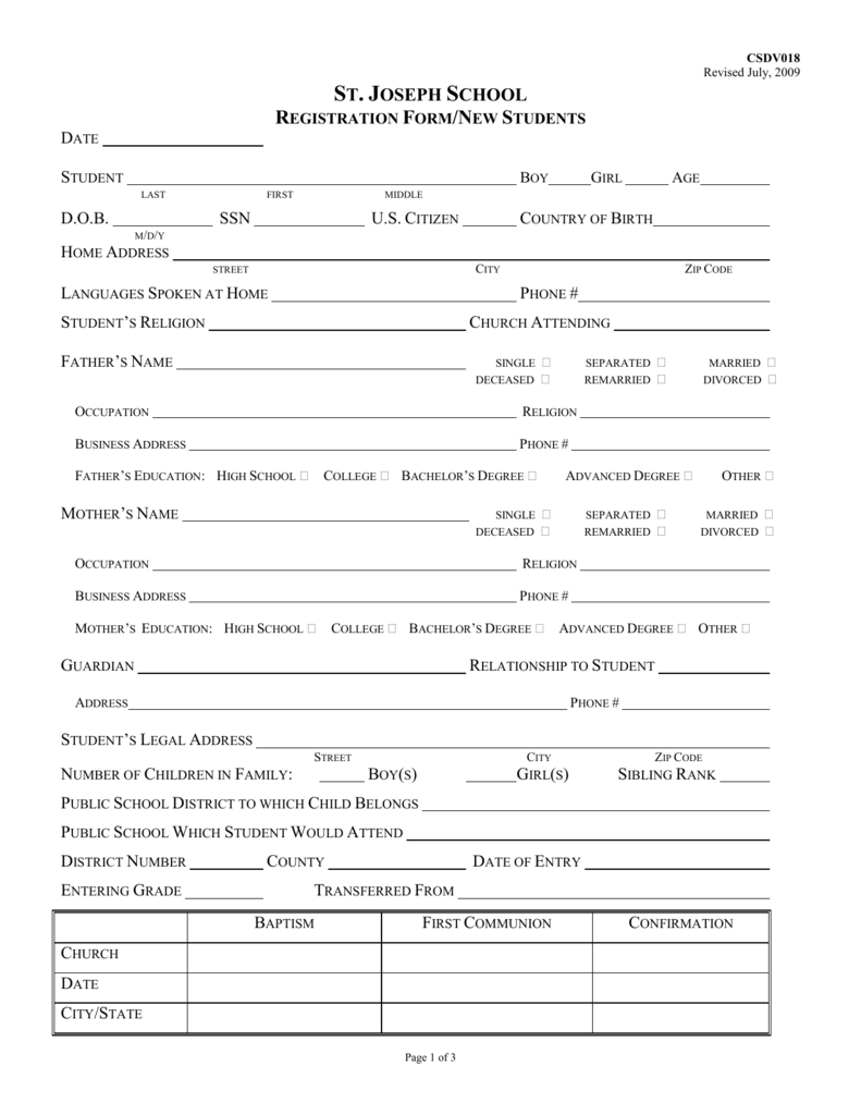 Registration Form White St Joseph Catholic School