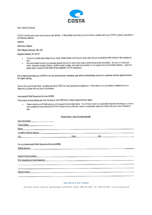 Repair Submission Form Costa Printable Pdf Download