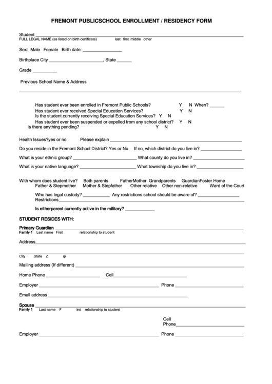 School Enrollment Residency Form Printable Pdf Download