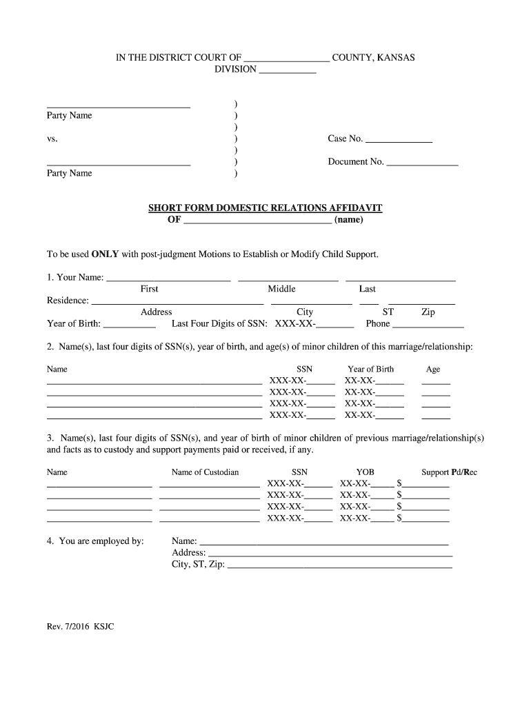 Short Domestic Relations Affidavit Form Fill Online Printable