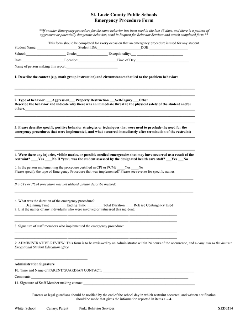 St Lucie County Public Schools Emergency Procedure Form