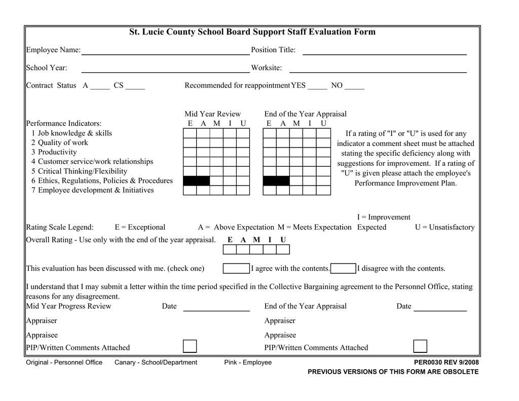 St Lucie County School Board Support Staff Evaluation Form