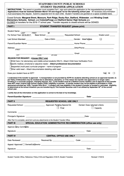 Student Transfer Application Form Printable Pdf Download