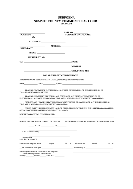 Subpoena Form Summit County Common Pleas Court Printable Pdf Download