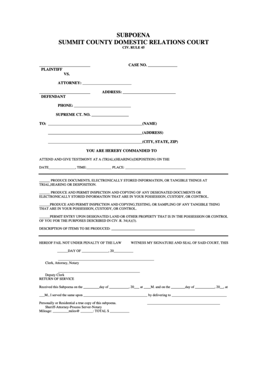 Subpoena Form Summit County Domestic Relations Court Civ Rule 45 