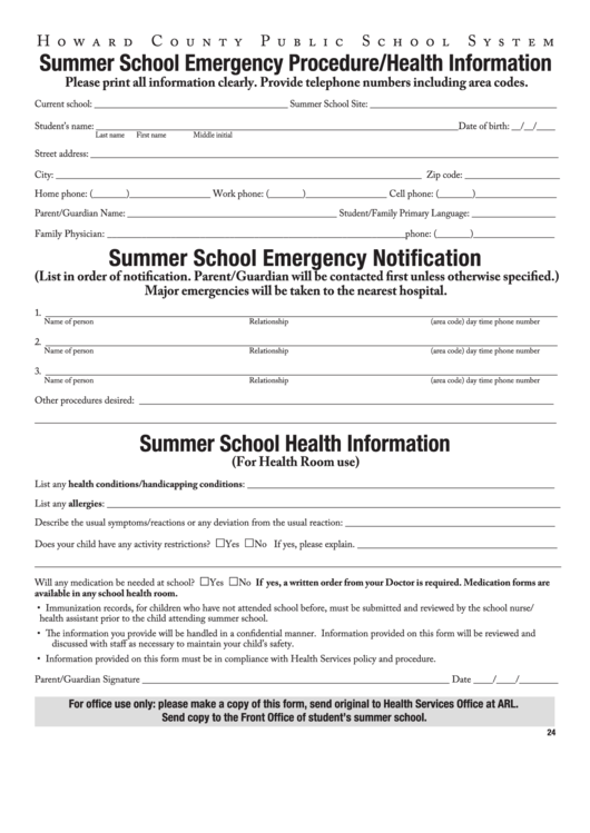 Summer School Emergency Procedre health Information Form Howard