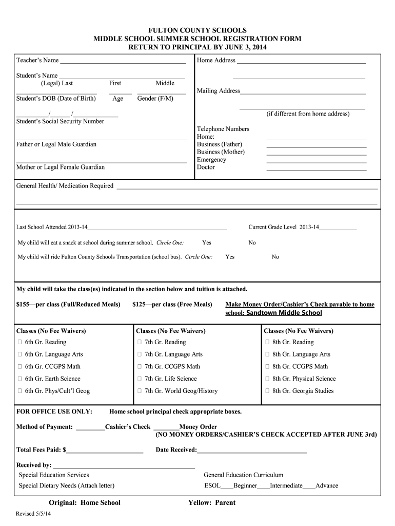 Summer School Registration Form Template Fill Online Printable 