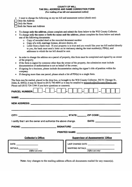 Tax Bil Address And Name Correction Form County Of Will Printable Pdf 