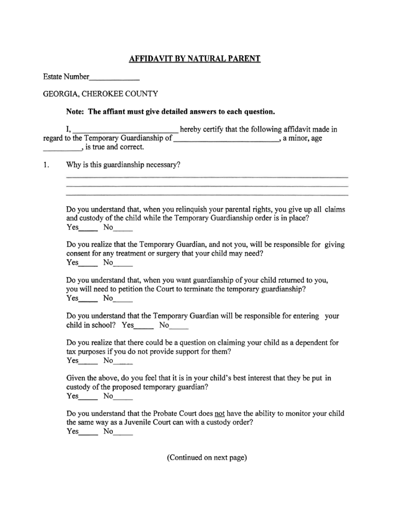 Temporary Legal Guardianship Form Georgia Free Download