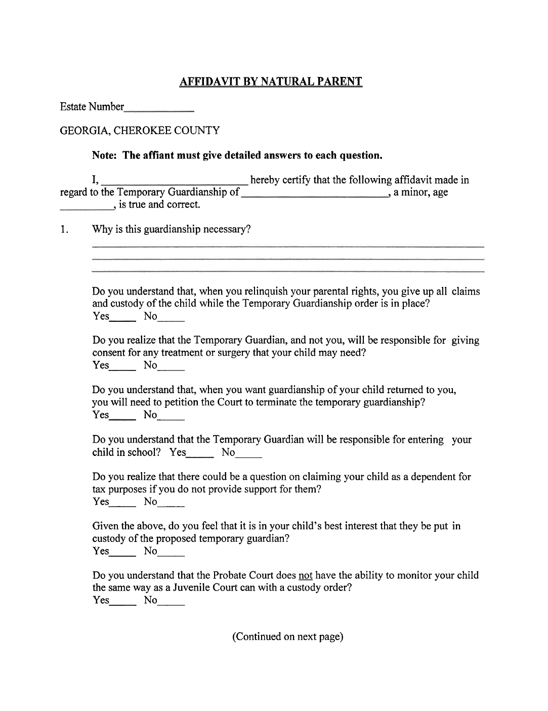 Temporary Legal Guardianship Form Georgia Free Download