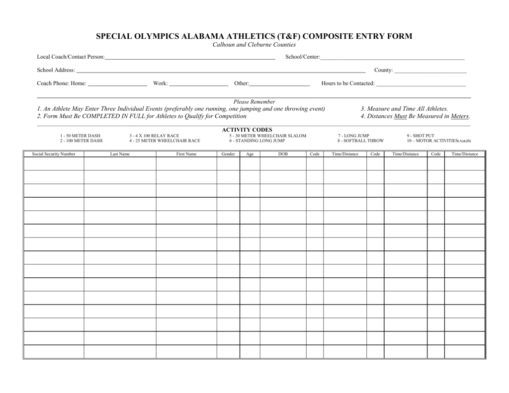 Track And Field Event Registration Form