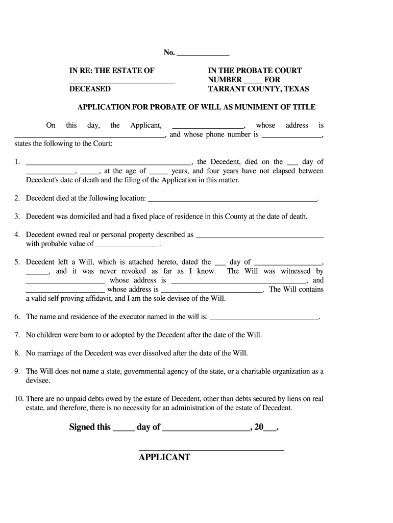 TX Application For Probate Of Will As Muniment Of Title Tarrant