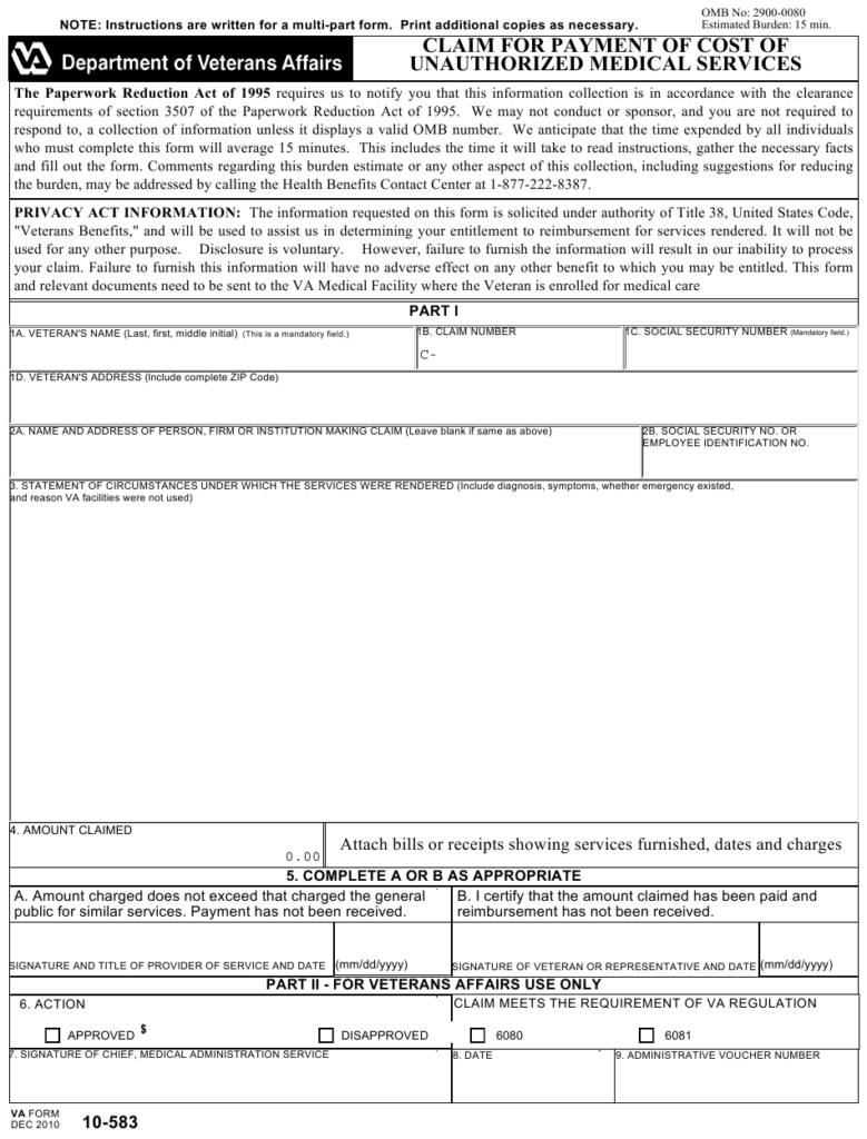 VA Form 10 583 Download Fillable PDF Or Fill Online Claim Fom For 