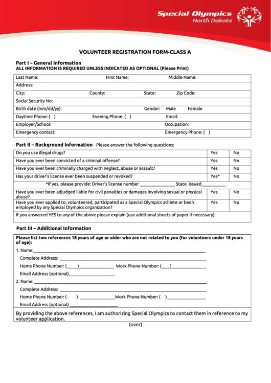 Volunteer Registration Form Class A Special Olympics North Dakota