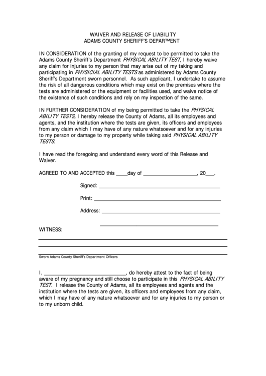 Waiver And Release Of Liability Form Adams County Sheriff S 