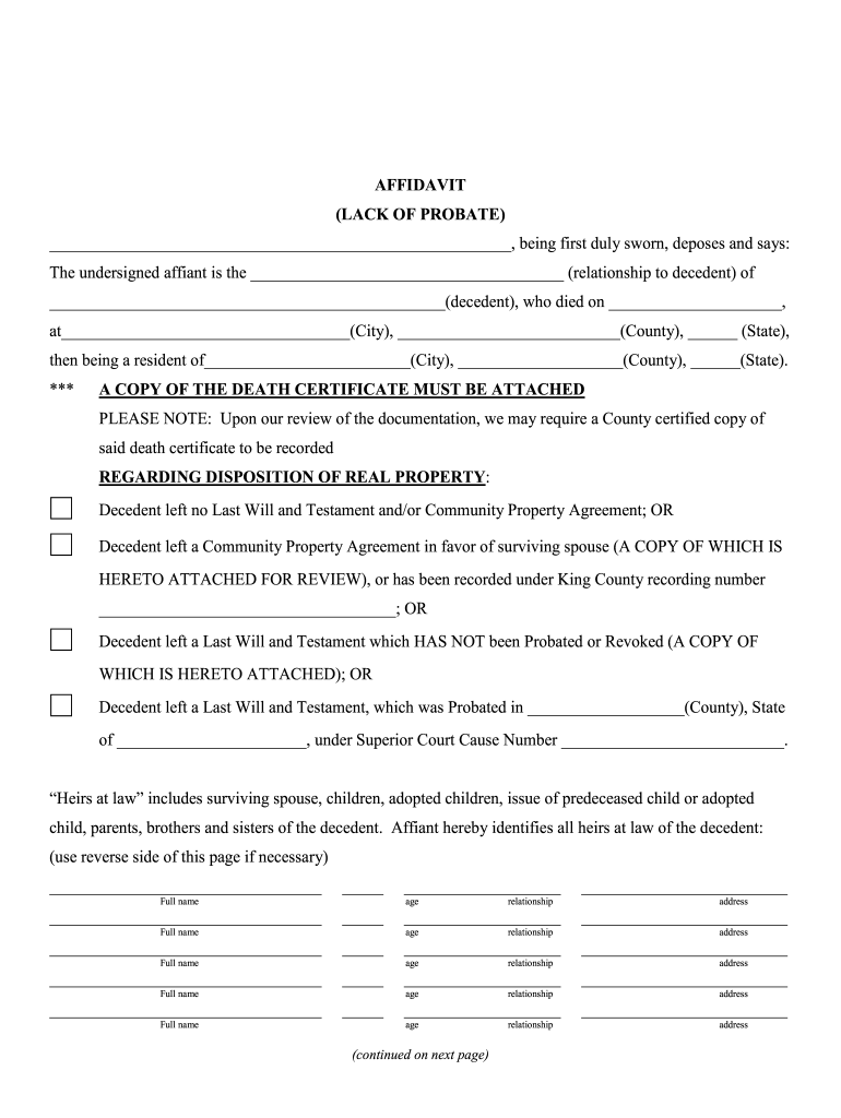 Washington State Lack Of Probate Form Fill Out And Sign Printable PDF 