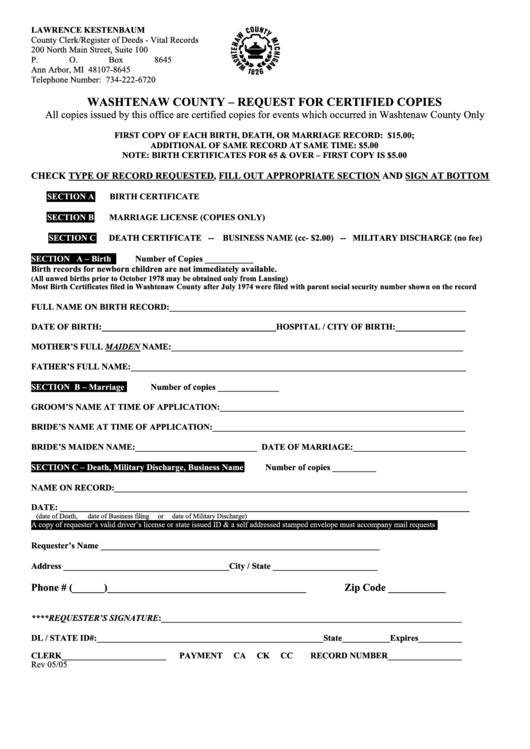 Washtenaw County Request For Certified Copies Form 2005 Printable Pdf