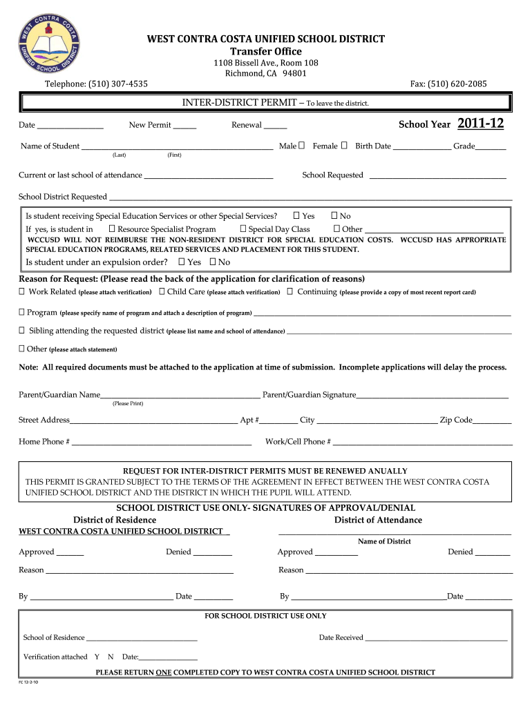 West Contra Costa Unified School District Interdistrict Transfer 