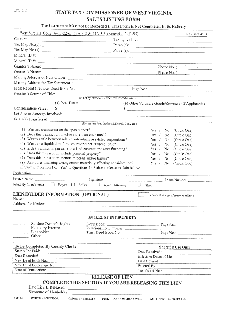 West Virginia Sales Listing Form Fill Online Printable Fillable 