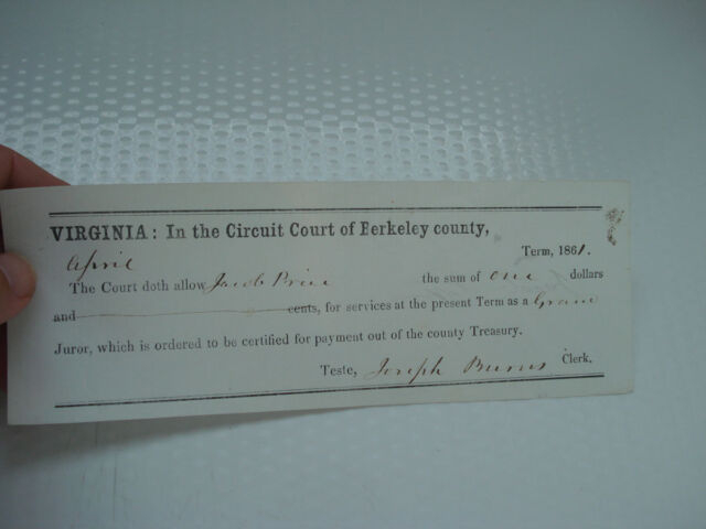 1861 BERKELEY COUNTY VIRGINIA CIRCUIT COURT GRAND JURY PAYMENT DOCUMENT
