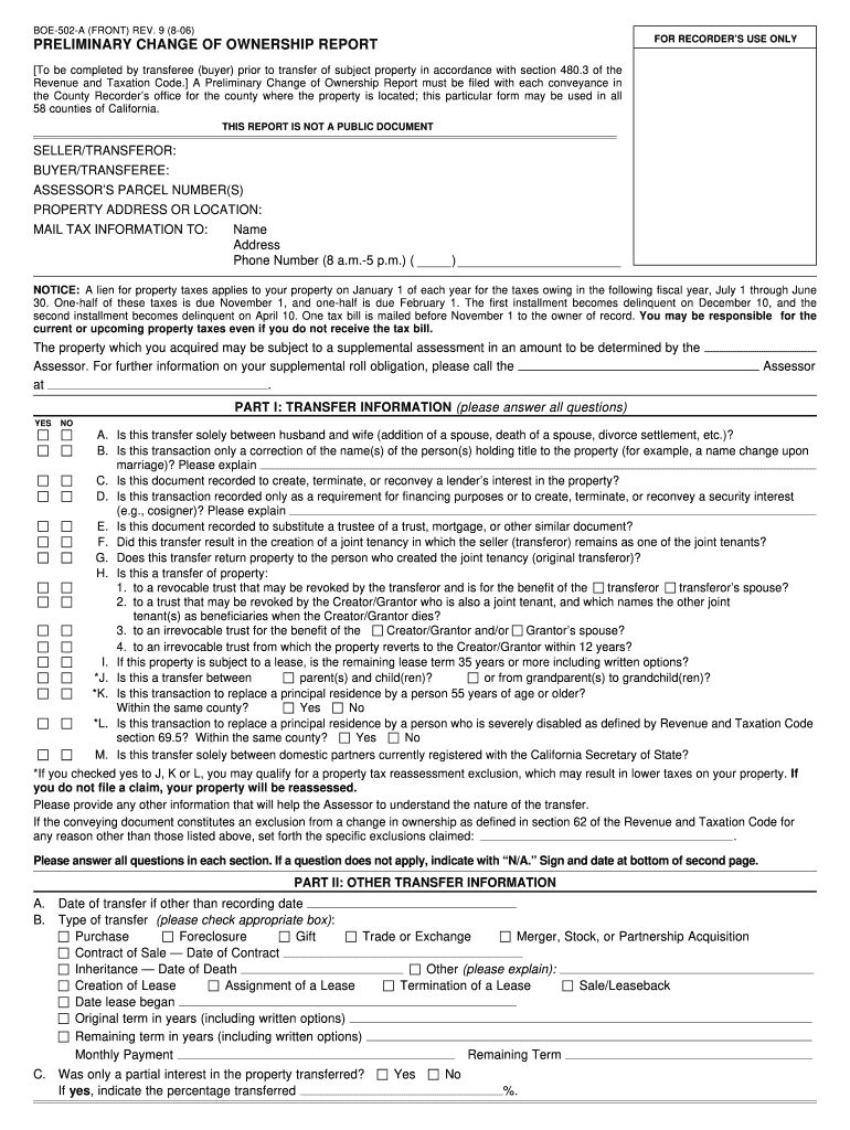 2006 Form CA BOE 502 A P1 Fill Online Printable Fillable Blank 