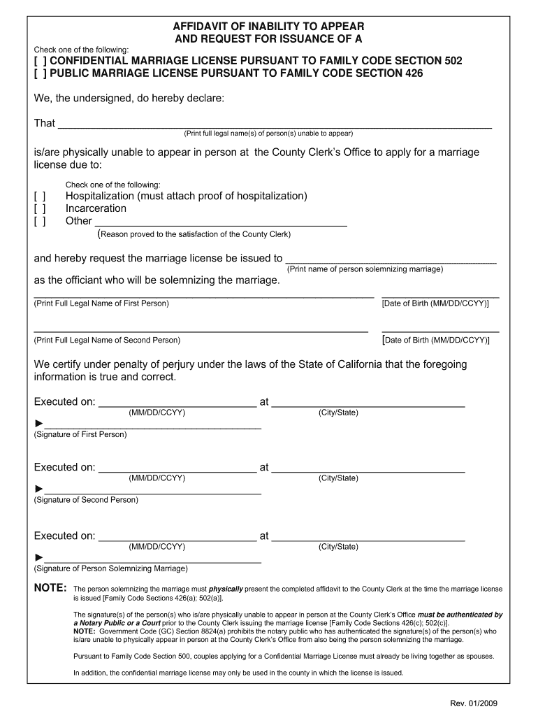 2009 Form CA Affidavit Of Inability To Appear And Request To Issuance 