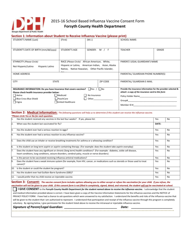 2011 Influenza Vaccine Consent Form