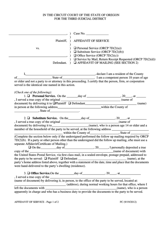 Affidavit Of Service Circuit Court Of The State Of Oregon Printable 