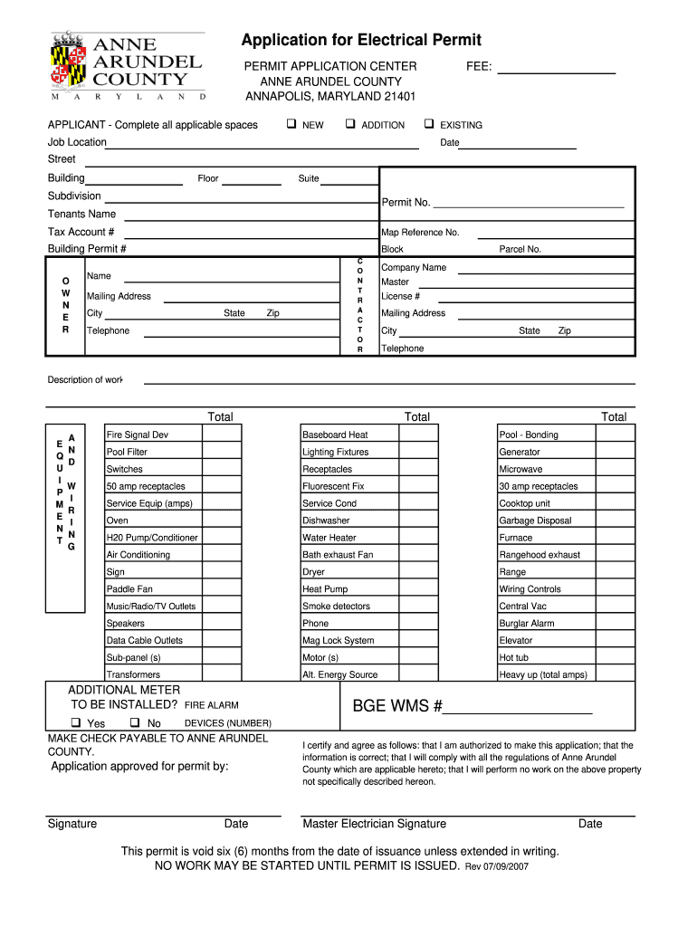 Anne Arundel Electrical Permit Application Fill Online Printable 