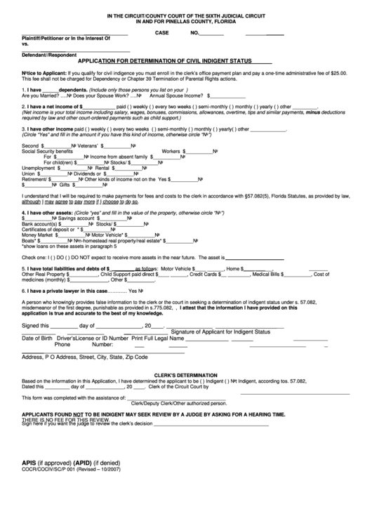 Application For Determination Of Civil Indigent Status Form Pinellas 