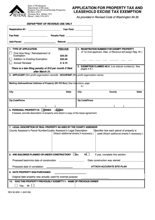 Application For Property Tax And Leasehold Excise Tax Exemption Form