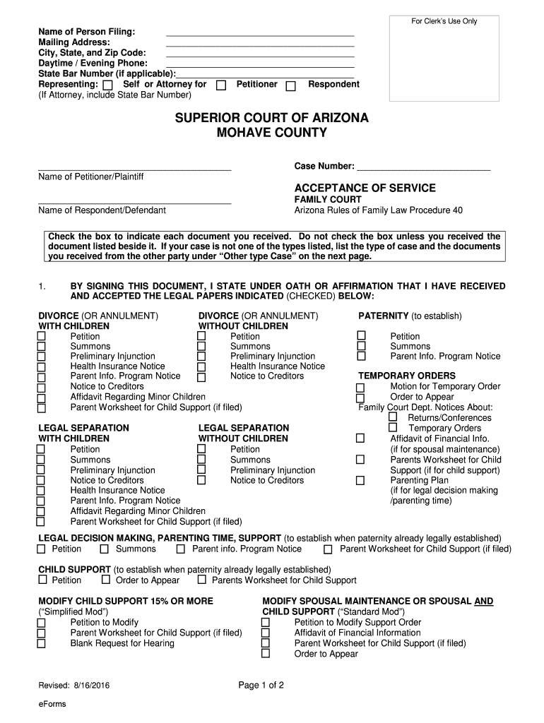 AZ Acceptance Of Service Family Court Mohave County 2016 Complete