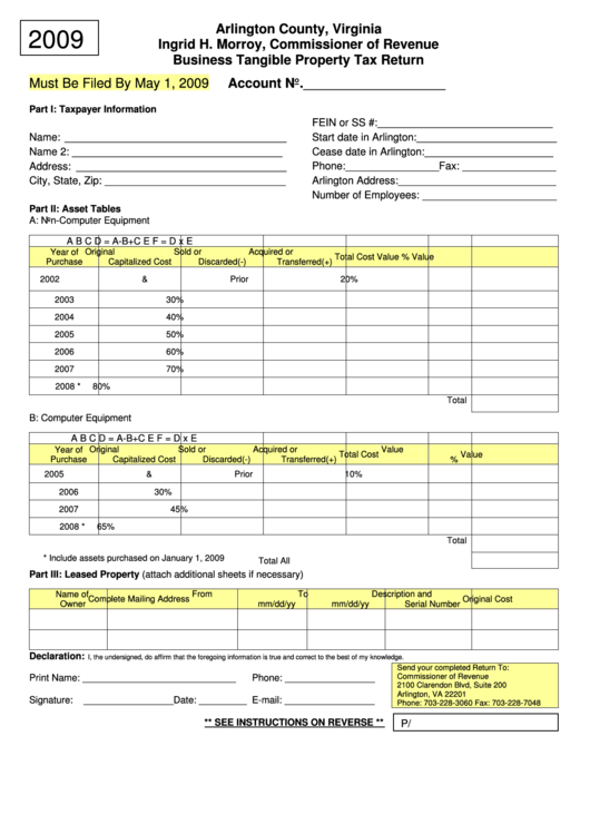 Business Tangible Property Tax Return Form Arlington County 2009 