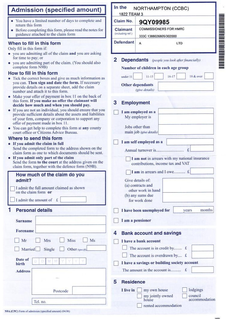 Claim Form Claim Form County Court