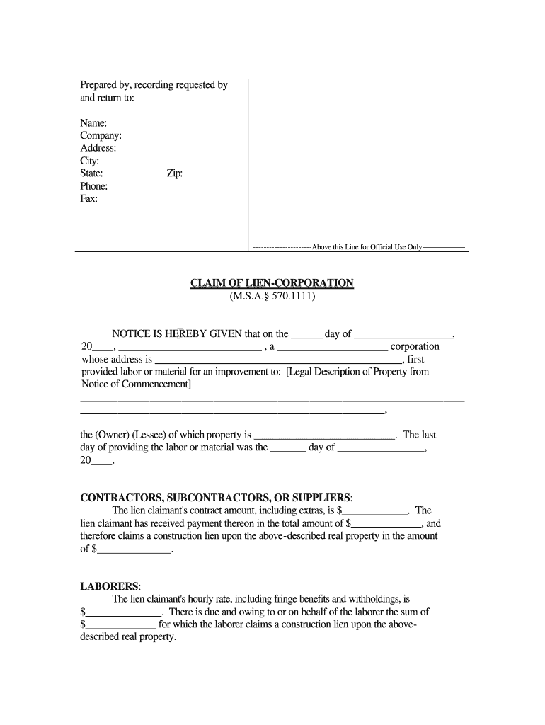 Claim Of Lien Form Michigan Fill Online Printable Fillable Blank 