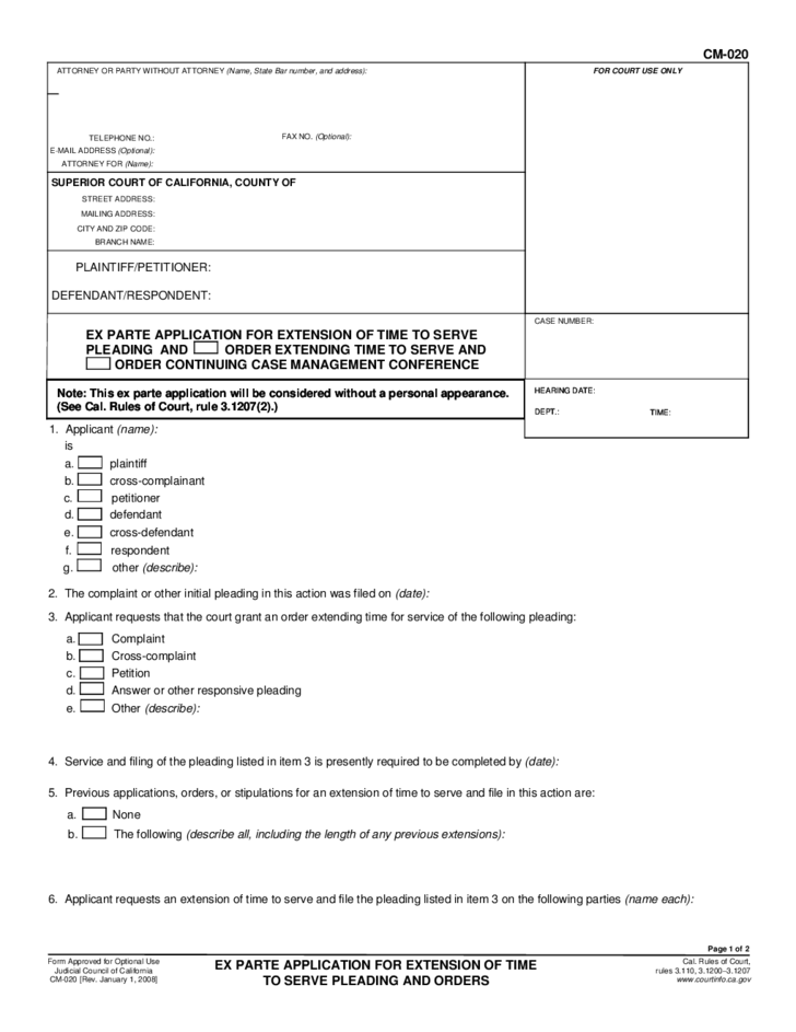 CM 020 Ex Parte Application For Extension Of Time To Serve Pleading And 