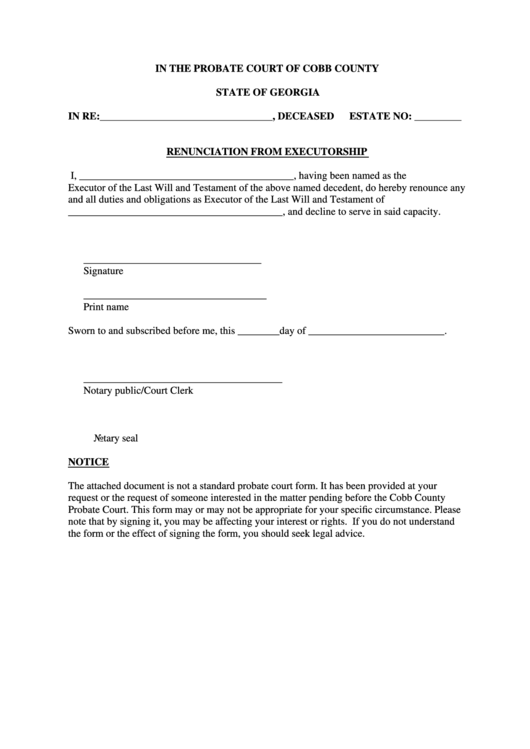 Cobb County Renunciation From Executorship Printable Pdf Download