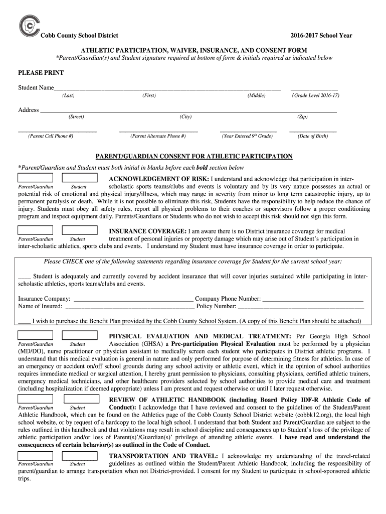 Cobb County School District School Year ATHLETIC Fill Out And Sign 
