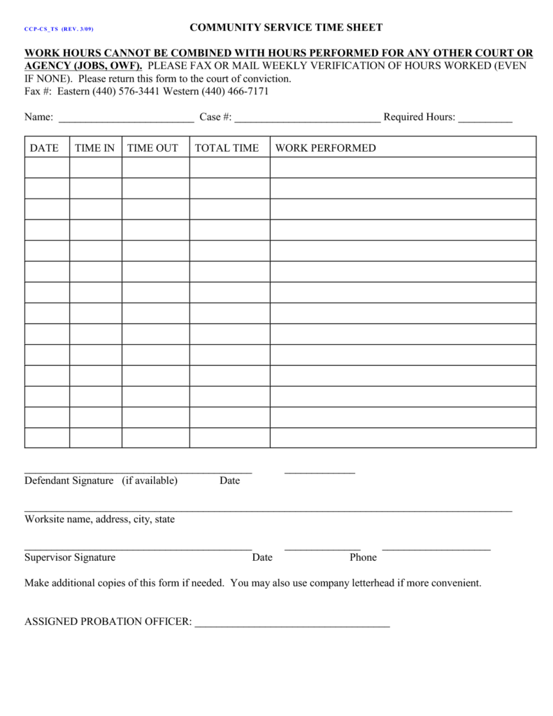 Court Ordered Community Service Form Community Service Hours 