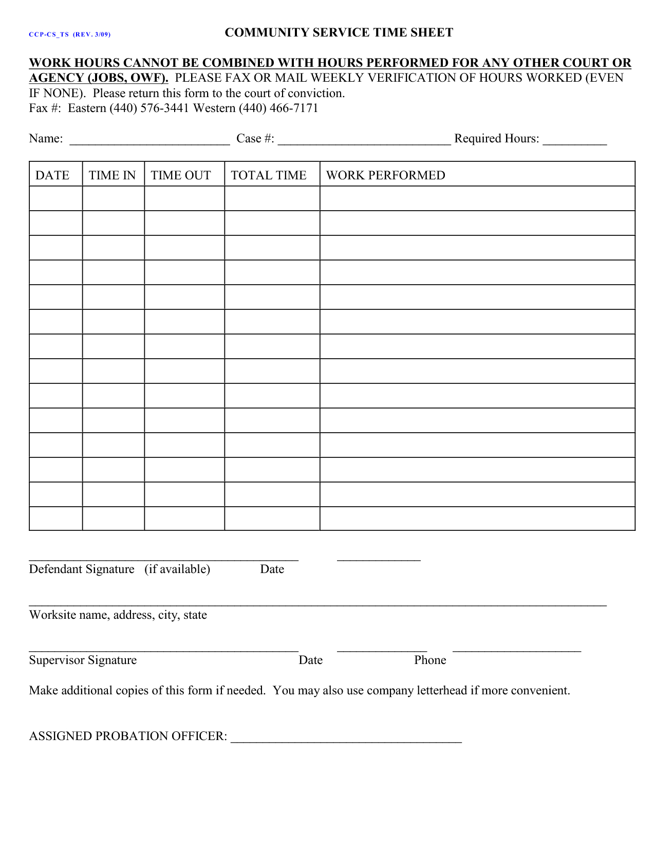 Court Ordered Community Service Form Community Service Hours