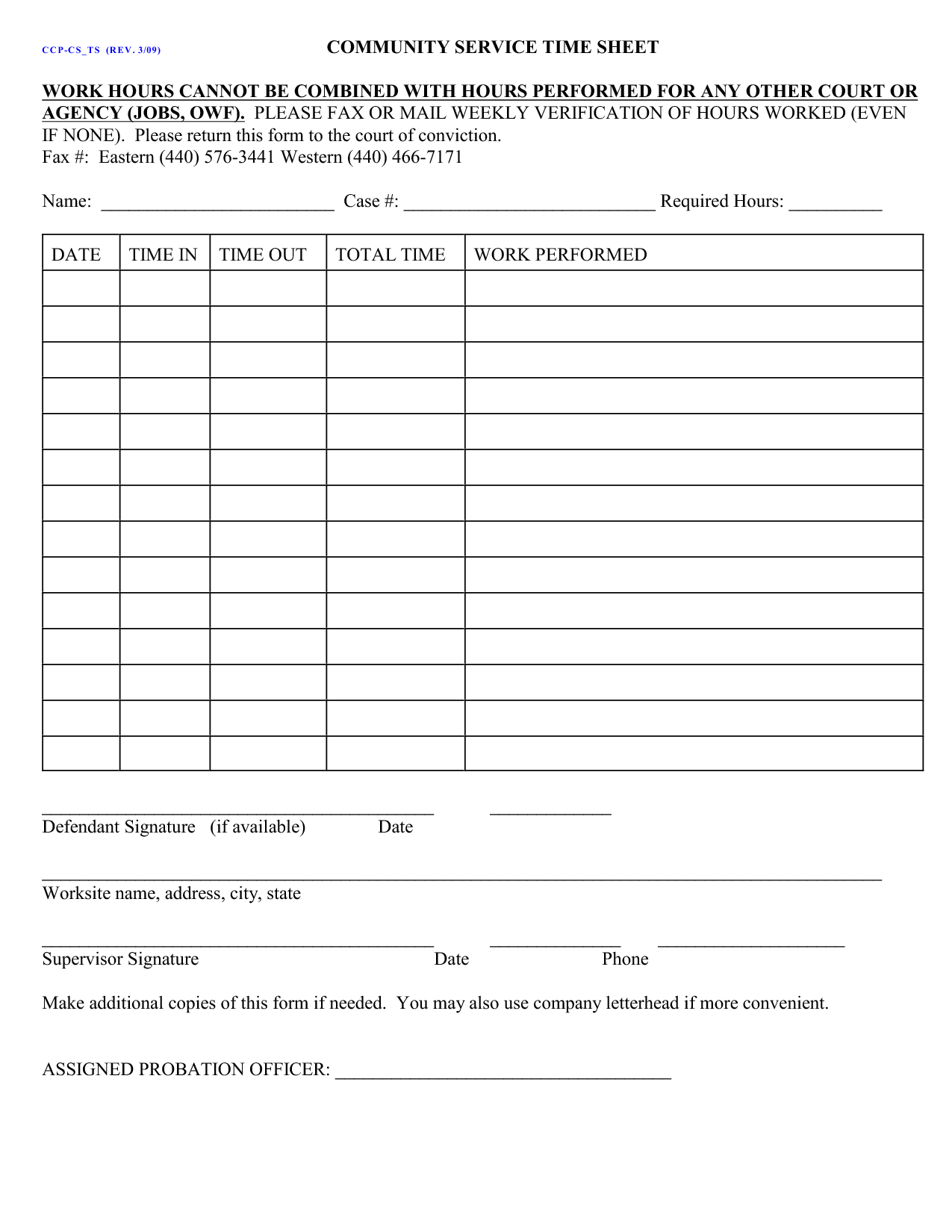 Court Ordered Community Service Form Community Service Hours 