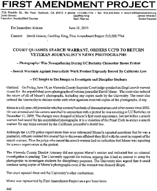 Court Quashes Search Warrant Orders UCPD To Return Indybay Journalist 