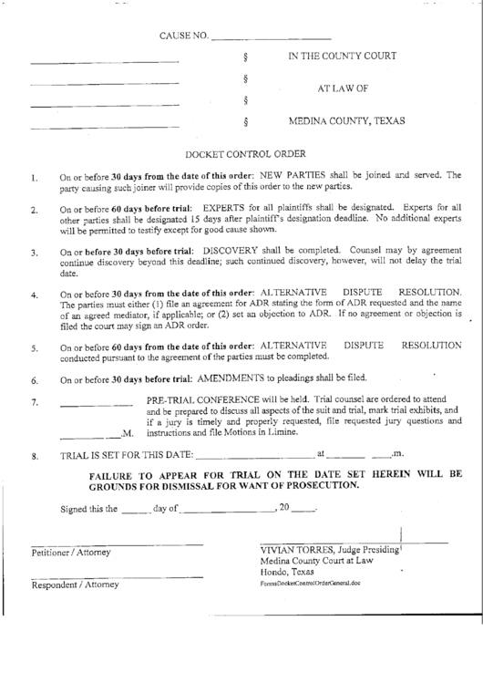 Docket Control Order Medina County Texas Printable Pdf Download