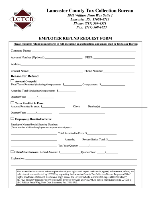 Employer Refund Request Form Lancaster County Tax Collection Bureau 